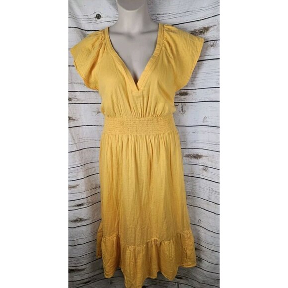 Old Navy Yellow Orange Gauze Dress XXL Petite Ruffled Maxi Flutter Slv Cotton - Picture 1 of 10